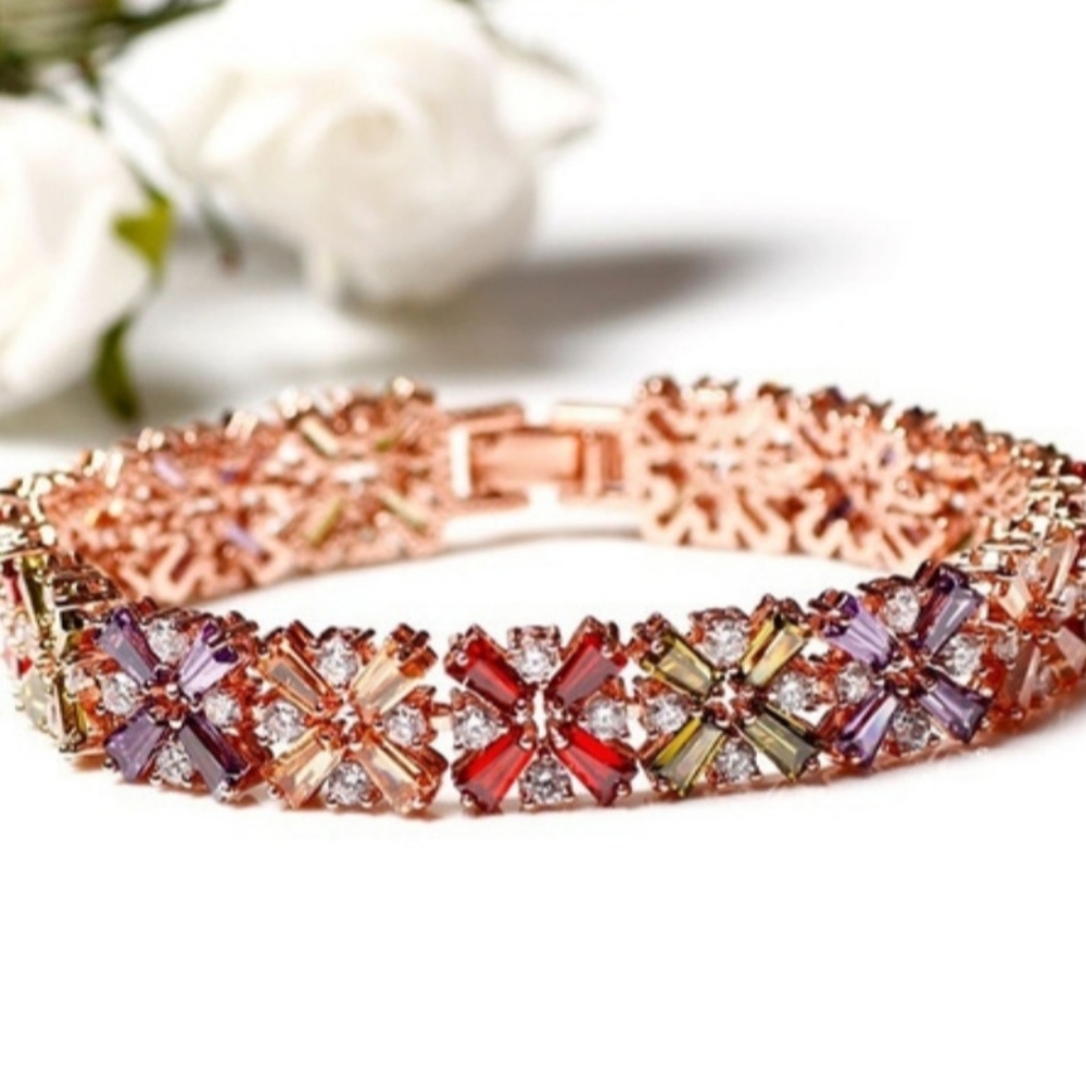 🌟 Colored Floral Gem & Rose Gold Tennis Bracelet STUNNING!!